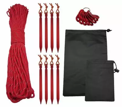 TsuaCrear Tent Tarp Guy 9 Reflective 8 Flexible Metal 8 Pieces Set Веревка, Paracord, Веревка, Веревка, 31 м, Сердечники, 4 мм, Материал, Колышки, Фитинги, (красный)