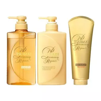 TSUBAKI Premium Repair Shiny Hair Experience Set Кондиционер для лечения (Шампунь 490мл, 490мл, 180г) жёлтый