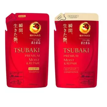 TSUBAKI Premium Volume Repair Shampoo Conditioner Refill Tsubaki Shiny Moist Liquid Package Red 330ml bag & (1 each, shampoo, conditioner)