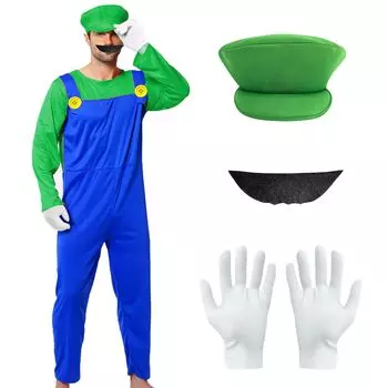 TUAHOUS Super Mario Brothers Luigi Cosplay with and Perfect for School and as a Gift Size Costume, Unisex, Hat, Gloves, Beard, Halloween, Christmas, зелёный