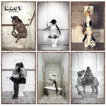 Туалет животное забавный холст постер стена семейной ванной комнаты ар-деко общественный туалет табличка туалет доска фон постер 21*30cm No Frame