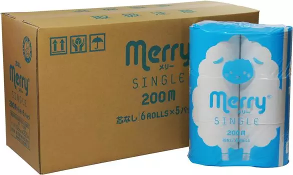 Туалетная бумага MERRY Shinbashi Paper Single в 4 раза длиннее, без втулки, 200 м, 6 рулонов x 5 упаковок белый