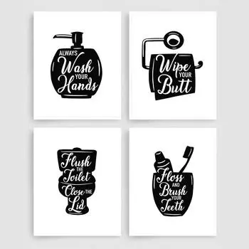 Туалетный знак Ванная комната Холст Картина Плакаты и принты Щетка для зубов Черно-белые цитаты Художественные декоративные картины Декор для ванной комнаты (с рамкой) 15*20cm(with frame)