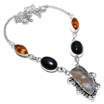 Tube Agate, Onyx Gemstone 925 Sterling Silver Jewelry Necklace 18 H8s62 красный