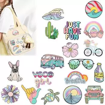 TUDOUZZZ нашивка наклейка с термоклеем Американская повседневная вышитая нашивка Волны, радуга, машины, морские черепахи, набор из 18 штук для приклеивания или шитья Персональная вышивка для