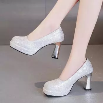 Туфли африканской женщины бежевого цвета на высоком каблуке с неглубоким носом и квадратным носком на платформе и шнуровке, фирменные туфли-лодочки Sweet Slip On Burgun 35 серебряный