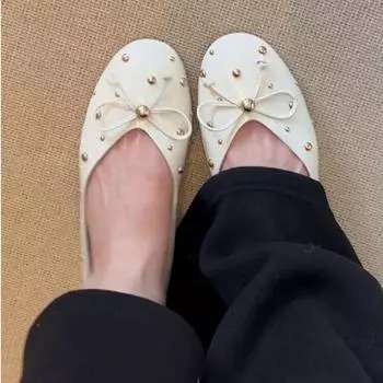 Туфли-балетки с круглым носком для женщин с бантом 2025 Бургундское вино Белый Черный 35