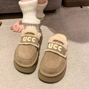 Туфли Baotou из пушистого хлопка на толстой подошве для женщин, новинка 2024 года, модные универсальные теплые туфли из бархата 35 хаки