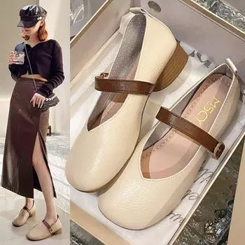 Туфли Bean Shoes Одиночные туфли женские весна-лето Wild Shallow Mouth A Word пряжка на каблуке женские туфли Mary Jane Square Head 35 хаки