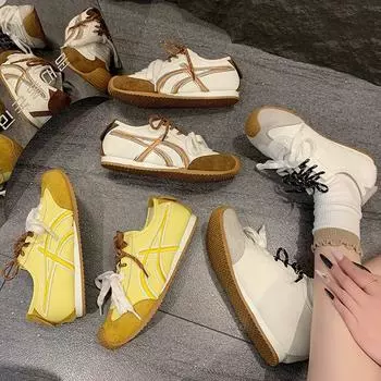 Туфли белые на шнуровке из натуральной мягкой кожи, повседневная обувь с мягкой подошвой, весна 2025, новые немецкие кроссовки с круглым носком, обувь Forrest Gump, обувь для скейтбординга 35 жёлтый