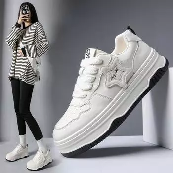 Туфли белые с кожаной отделкой для женщин, универсальная женская обувь, стильные повседневные туфли на мягкой подошве, спортивная обувь для женщин. 35 чёрный