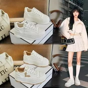 Туфли белые с круглым носком Модная женская обувь Толстая подошва Увеличивающая рост Обувь Повседневная Универсальная спортивная обувь 35 бежевый