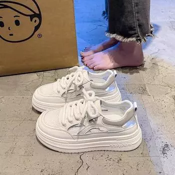 Туфли белые с толстой подошвой, женские, лето 2025, новые, дышащие, спортивные сандалии на шнуровке, универсальные, повседневные, с отверстиями 35 белый