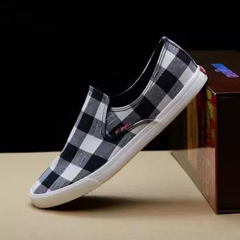Туфли без шнуровки, крутая мужская повседневная обувь на плоской подошве из дышащей ткани в уличном стиле в клетку, черная, синяя 39 чёрный