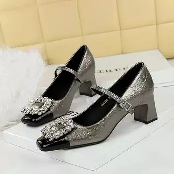 Туфли BIGTREE Кристальная металлическая отделка Женские туфли-лодочки Лакированная кожа Квадратный высокий каблук 5 см Женская обувь Сексуальные женские каблуки Офис 35