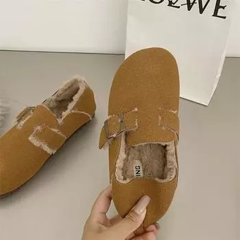 Туфли-бини Luji в стиле ретро с круглым носком из бархата для женщин, зимняя новинка 2025 года, теплые однопедальные тапочки из хлопка с мягкой подошвой 35