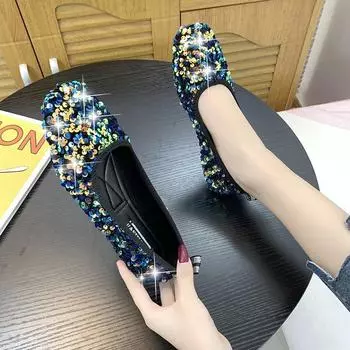 Туфли-бини на плоской подошве с блестящими пайетками и неглубоким горлом, женские, весна 2024, новые повседневные вечерние туфли с квадратным носком 35 чёрный