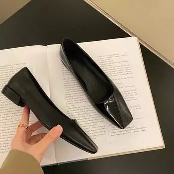Туфли-бини с плоским дном и квадратным носком, женская обувь, весна 2025, черные туфли для пригородных поездок на низком каблуке в стиле ретро для бабушек 35 чёрный