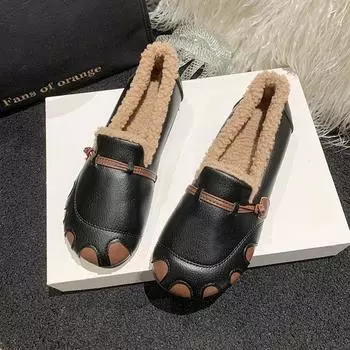 Туфли-бини в стиле ретро с мягкой подошвой для женщин на осень и зиму 2025 года, теплые повседневные туфли-бини с одной педалью и плоской подошвой 35 чёрный