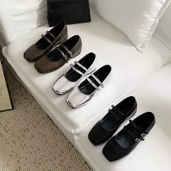 Туфли-бобы Серебристые Туфли Мэри Джейн Женские Летние Темпераментные Туфли с Небольшим Носком Плоские Тонкие Туфли Нежные Туфли 35 коричневый