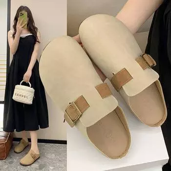 Туфли Boken из мягкой кожи на плоской подошве, женская обувь 2024 года, новые повседневные полутапочки с сумкой на голове, в ретро-стиле, ленивые одинарные туфли 35 бежевый