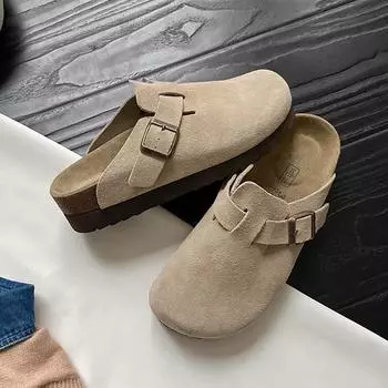 Туфли боккен из толстой кожи, женские тапочки с пробковой подошвой, туфли боккен для рыбалки на плоской подошве, корейские ретро-тапочки Baotou Half Slippers 34 хаки