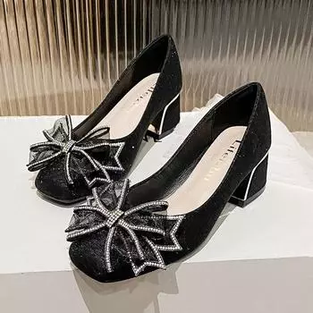 Туфли больших размеров для женщин, модные туфли на толстом каблуке, новые красивые туфли на высоком каблуке с бантом для девочек, милые свадебные туфли 35 бежевый