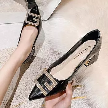 Туфли больших размеров для женщин Туфли-лодочки на толстом каблуке Туфли-лодочки для девочек с острым носком Туфли на высоком каблуке Свадебные туфли со стразами 35 бежевый