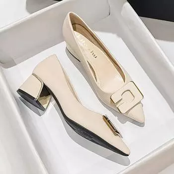 Туфли больших размеров для женщин Туфли-лодочки на толстом каблуке Весна Новая мода OL с острым носком Туфли из кожи на высоком каблуке 35 бежевый