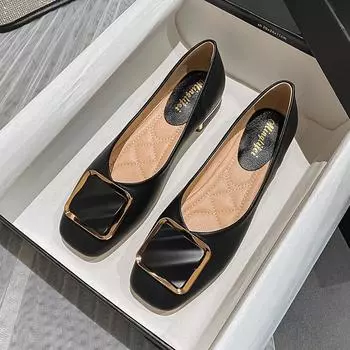 Туфли больших размеров для женщин Туфли-лодочки на низком каблуке Весенние туфли с квадратной пряжкой из кожи Повседневные туфли на высоком каблуке Лоферы Туфли-лодочки 35 бежевый