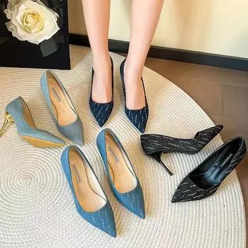 Туфли больших размеров с кисточками, модные женские летние туфли на высоком каблуке, свадебные туфли, джинсовые туфли с острым каблуком-шпилькой, рабочие туфли, каблуки 8 см 34 чёрный