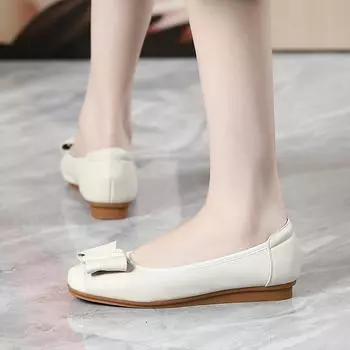 Туфли больших размеров с круглым носком, весна-лето, новый корейский стиль, удобная женская обувь из воловьей кожи с бантом на плоском каблуке и неглубоким носком 35