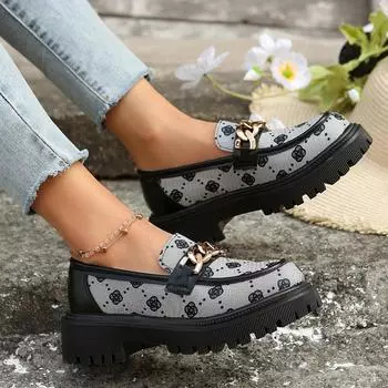 Туфли большого размера на толстом каблуке, женские, весна 2025, новые туфли-маффины и британского стиля, маленькие кожаные туфли 35 серый