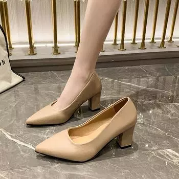 Туфли большого размера на толстом каблуке, женские, осень 2025, новые, рабочие туфли для поездок на работу, женственные, с острым носком, модные, с высоким каблуком, одинарные туфли 35 чёрный