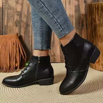 Туфли большого размера женские 2024 года, новые модные туфли на толстом каблуке, маленькие кожаные туфли, удобные, со шнуровкой, трендовые рабочие туфли 36 чёрный