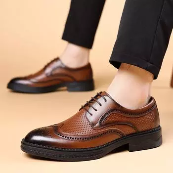 Туфли-броги с ажурным дизайном из кожи для мужчин, классические британские туфли, дышащие, для офиса и свадьбы, для мужчин 38 чёрный