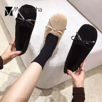 Туфли Butterfly-Knot из овечьей шерсти женские теплые плюшевые зимние туфли женские удобные мокасины с квадратным носком шерстяные мокасины с мехом 5 абрикосовый