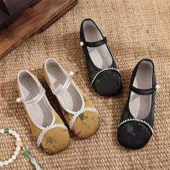 Туфли-чеонгсамы на среднем каблуке с вышивкой жемчугом - Каблуки в этническом стиле Old Beijing 40 земля желтый