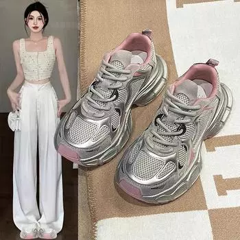 Туфли Daddy Shoes с толстой подошвой и увеличенным каблуком, женские, осенние, новые, стильные, серебристые, дышащие, универсальные, легкие, для спорта и отдыха 35