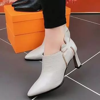 Туфли Deep Mouth Solid Color Single Shoes 2024 Весна и Осень Новые Модные Универсальные Туфли Из Кожи С Заостренным Носком и Молнией По Боку 35 бежевый