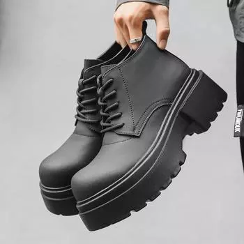 Туфли дерби Big Head, мужские высокие кожаные туфли, высокие ботинки Martin на толстой подошве, короткие ботинки средней высоты в стиле ретро Warped Head 18944-J 38 чёрный