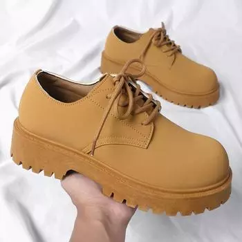 туфли дерби: мужские весенние низкие кеды, резиновые ботинки в британском стиле, обувь с круглым носком, черные карго, на платформе, кожаная обувь 39