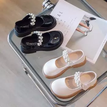 Туфли детские Мэри Джейн Платья балетки на плоской подошве Нескользящие Туфли детские принцессы на вечеринку в школу с жемчугом Кожаные туфли 26 бежевый