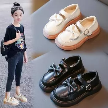Туфли для девочек, маленькие кожаные туфли, новые весенне-осенние детские модные туфли принцессы, одиночные туфли для девочек на мягкой подошве с бантом 23 чёрный