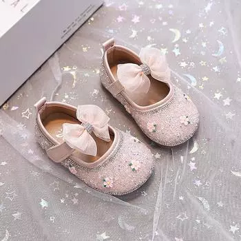Туфли для девочек ясельного возраста с блестящими пайетками и большими кружевными бантами, детские туфли принцессы с круглым носком, новая мода 2025, детская обувь для ходьбы, размеры 16-26 16 розовый