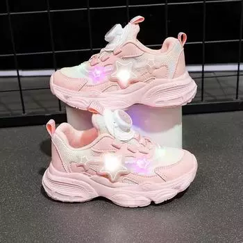 Туфли для девочек, весенние папины туфли, известные в Интернете светящиеся туфли, спортивная обувь с вращающейся пряжкой 26 розовый