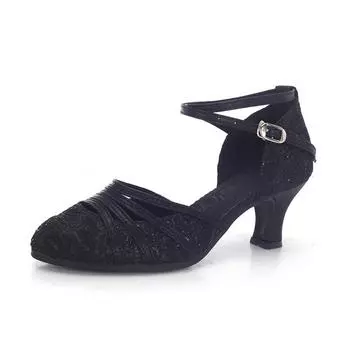 Туфли для латиноамериканских танцев на среднем каблуке Женские Взрослые Мягкая подошва Танго Сальса Вечеринка Бал Современные Социальные танцы Туфли на каблуке 5,5 см 34 чёрный