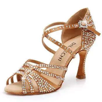 Туфли для латинских танцев DILEECHI, женская обувь для сальсы со стразами, атласная обувь для вечеринок, бронзовый джазовый каблук, мягкая подошва 9 см