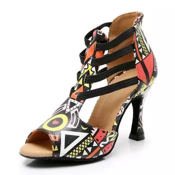Туфли для латинских танцев DILEECHI, женские кожаные туфли с разноцветным узором, вечерние танцевальные ботинки, обувь для бальных танцев, кубинский каблук 9 см 35