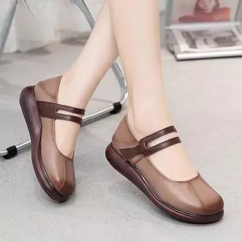 Туфли для мам на толстой подошве на плоской платформе, удобная женская обувь из натуральной кожи, новинка 2023, весенняя повседневная женская обувь большого размера в стиле ретро 35 чёрный